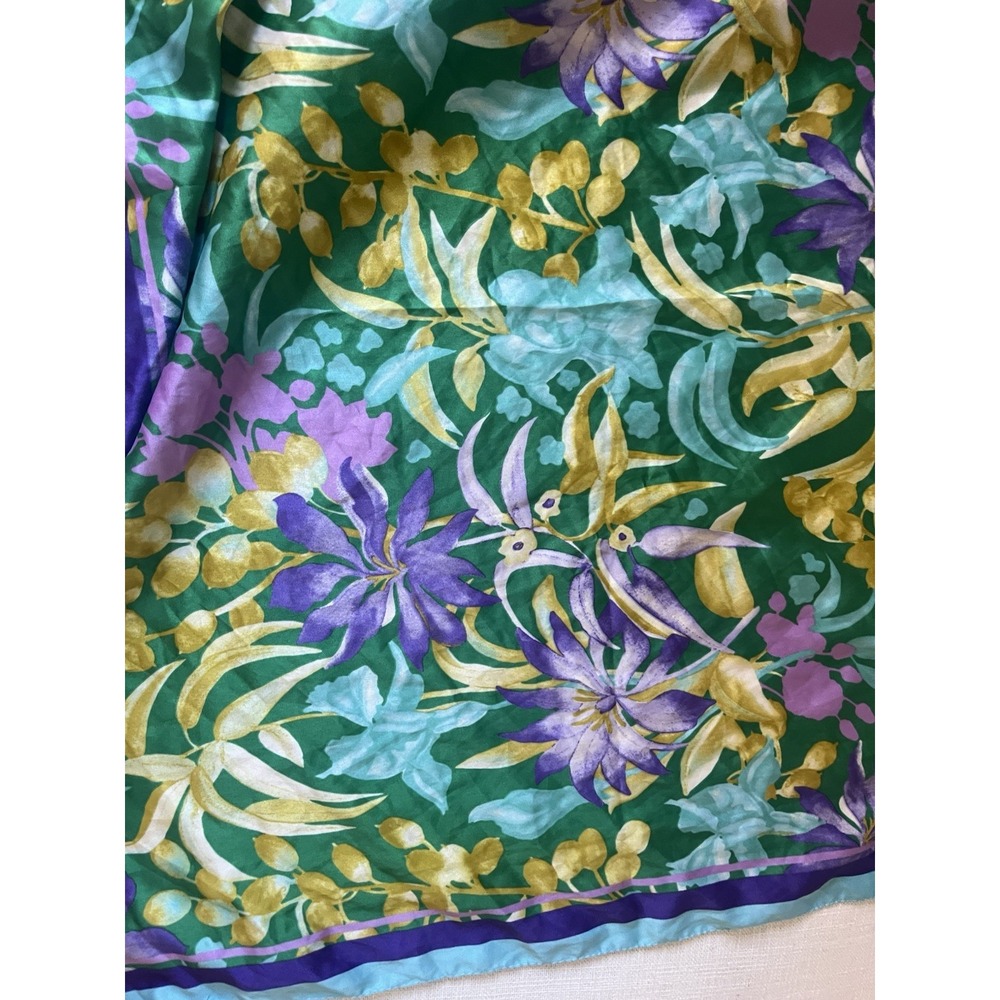 Zara Floral Square Scarf Green Purple Aqua Botanical Print Satin Feel - Picture 1 of 6